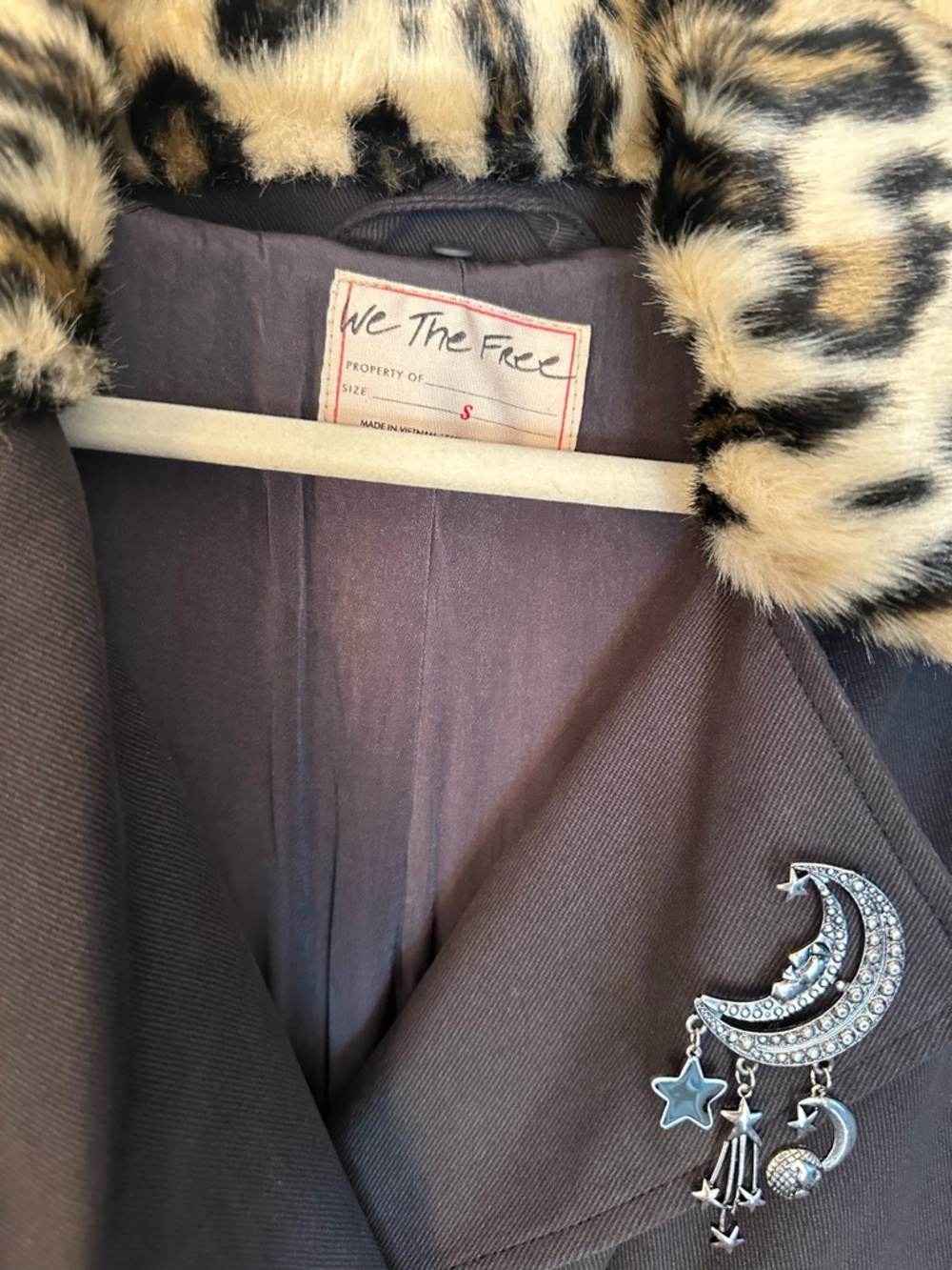 We The Free Dark Grey Trench Coat with Removable Leopard Faux Fur Collar - Picture 7 of 15